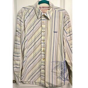 Request Button Down Shirt Mens Sz L Striped Dragon Cowboy Western 100% Cotton